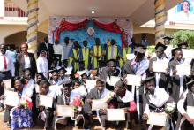 The Guest of Honour, Dr Moeti, Honorable Dr Riek Gai Kok,  the Minister of Health, other delegates    and the graduating students posing for a group photo at Mary Help Hospital and Collage of Nursing