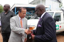 H.E. Seiji Okada, Ambassador of Japan to South Sudan handing over the keys to Dr Olu, WHO Representative to South Sudan