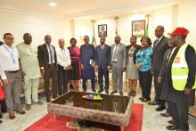 HE Deputy Governor (middle), his team of 3 PS (PHCB, SMoH, Office of Deputy Governor), Incident Manager at NEOC, and Health Development Partners at his Office during the visit.