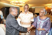 ARCC Chairperson Professor Rose Leke meeting with Dr. Victor Mukonka, Director at the Zambia National Public Health Institute, The WHO Representative Dr. Nathan Bakyaita looks on.