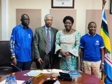 Speaker of Parliament Rt Honourable Rebecca Kadaga, WHO Representative Dr Yonas Tegegn Woldemariam and WHO Lab specialists at Parliament of Uganda