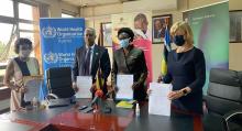 L-R: WHO Representative to Uganda Dr Yonas Tegegn Woldemariam, Minister of Health Hon Dr Jane Ruth Aceng and Norwegian Ambassador to Uganda H.E Elin Østebø Johansen upon signing the agreement